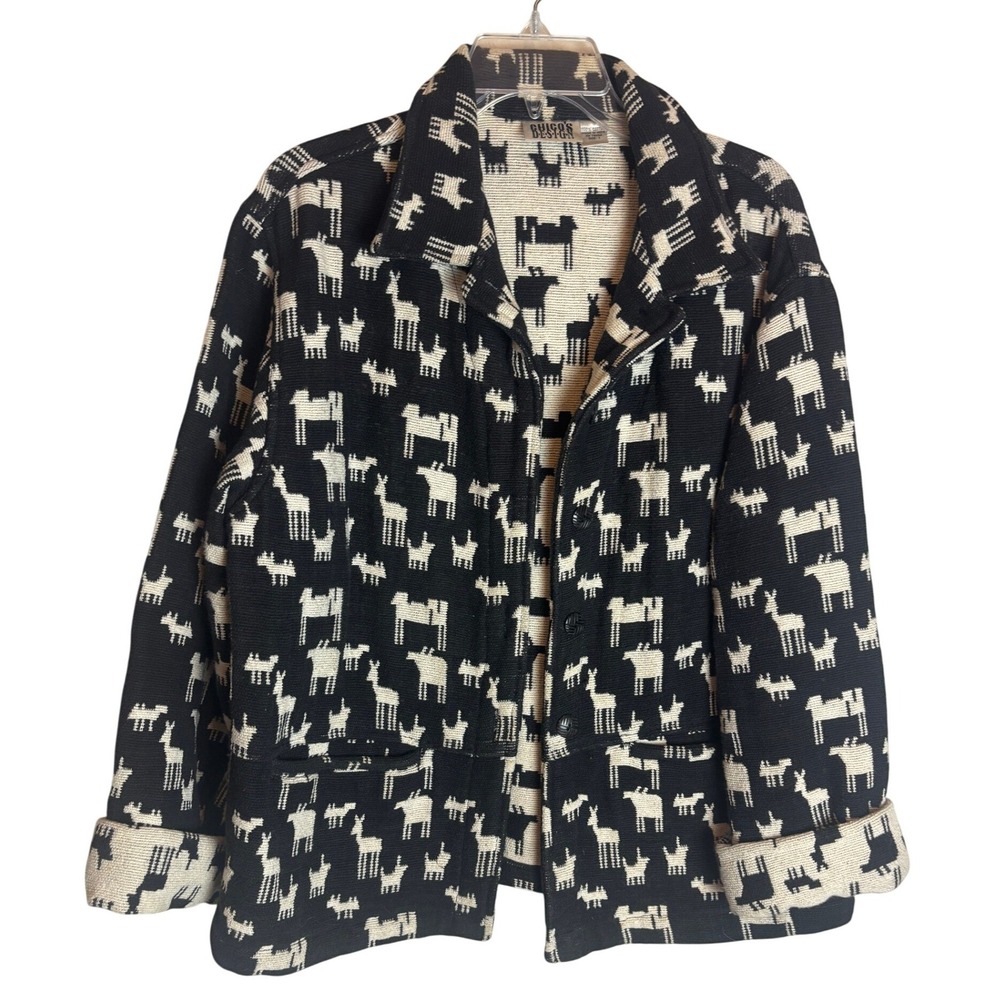 Chicos Design Vintage Cotton Woven Llama Alpaca Animal Print Jacket Black Size 1